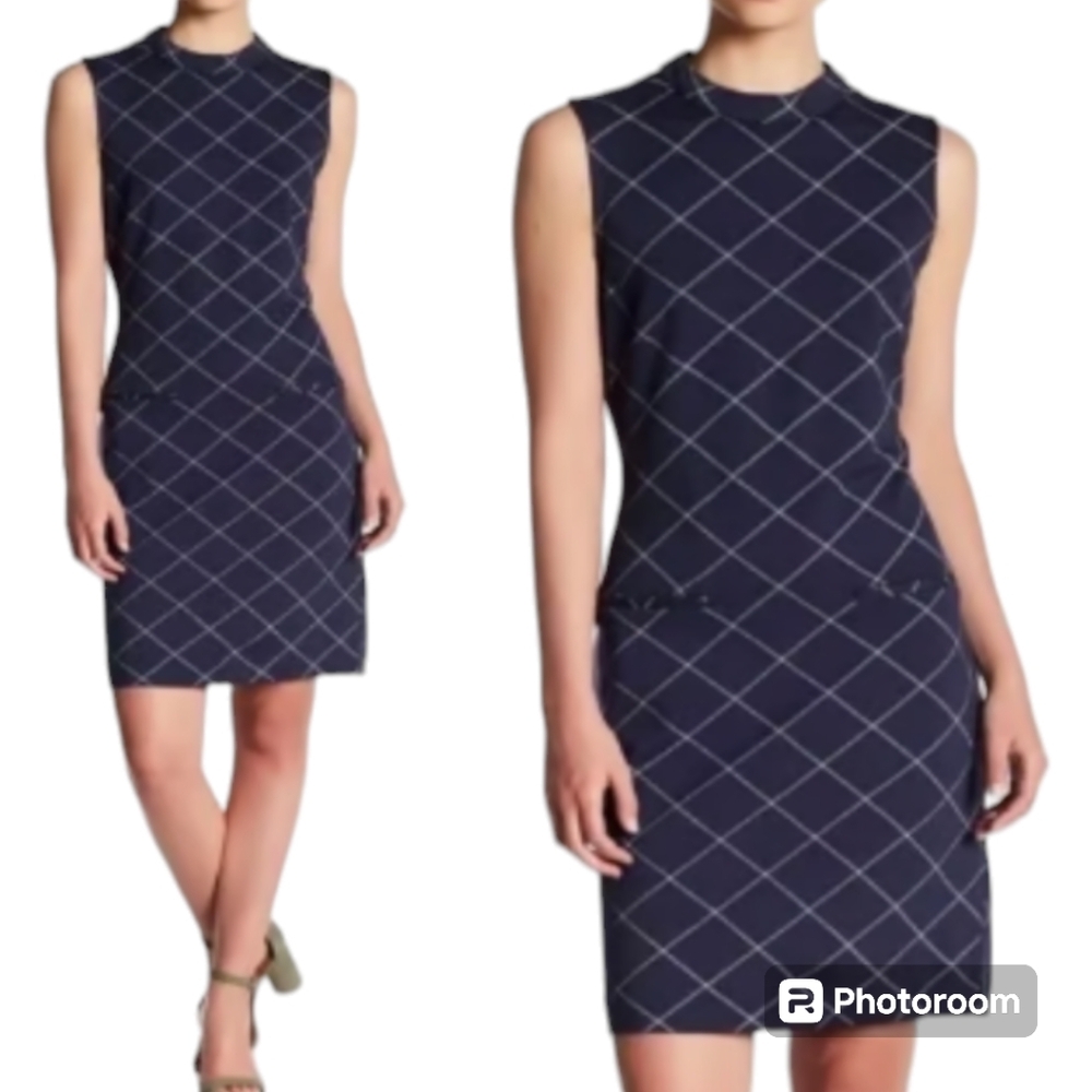 Sharagano Windowpane Diamond Ponte Sheath Dress Navy